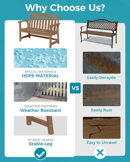 Outdoor Bench, 2-Person HDPE Garden Bench, All Weather Poly Patio Bench for Outdoors, Garden, Backyard, Porch and Park, 660 lbs Weight Capacity, Teak, 2 Pack