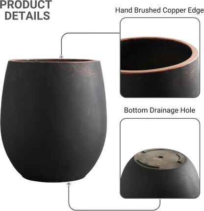 15.5" H Outdoor Concrete Planter, Round Flower Pot with Drainage Hole and Silicone Plug, Plant Container for Garden, Patio, Home, Office, Black, Copper Rim, 1 Pack