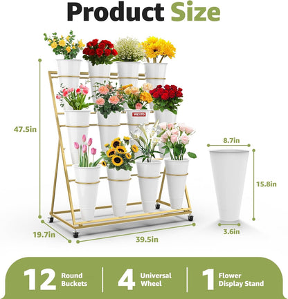 Flower Display Stand 3 Layers with 12 PCS Round Buckets, Plant Stand with Wheels, Movable Metal Plant Stand for Terrace Garden, Florist Shop (Gold Frame, White Buckets, 3-Tier, 12 Buckets)