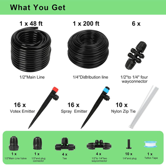 Drip Irrigation System Kit – 2025 New Quick-Connect Automatic Watering & Misting System with 48FT 1/2" Tubing, Large Coverage & Water-Saving for Greenhouses, Lawns, Gardens, Raised Beds