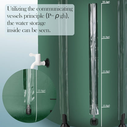 53 Gallon Collapsible Rain Barrel for Garden/Outside/Lawn, Portable Rainwater Collection System, Rain Barrel to Collect Rainwater from Gutter, Water Storage Tank with Two Spigots & Overflow Kit, Green