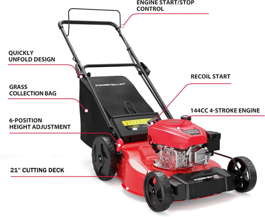 PowerSmart 21-Inch 144cc Gas Push Lawn Mower & 16-Inch 25.4cc String Trimmer/Edger with 10-Inch Brush Cutter for Grass Cutting