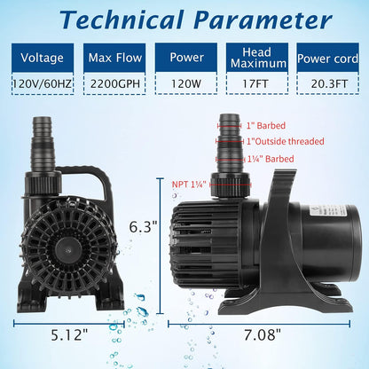 WaterRebirth (2200GPH-120W,UL listed) High Flow Large Fountain Submersible Water Pond Sump Pump Aquarium Electric Waterfall Pump Outdoor PS-2200