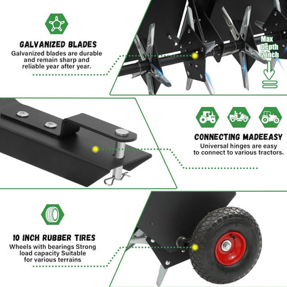 Doniks 52-Inch Tow Behind Lawn Plug Aerator with Universal Hitch, Lawn Aerator Tow Behind with 40 Galvanised Steel Tines,Tray and Inflatable Wheels for Gardens, Lawns, Farms