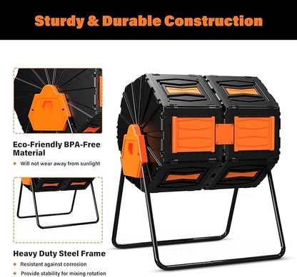 Compost Tumbler, Easy Assemble & Efficient Outdoor Compost Bin, 45 Gallon/170 Liter Large Dual Chamber Rotating Composter for Garden, Kitchen, and Yard Waste, Orange Door