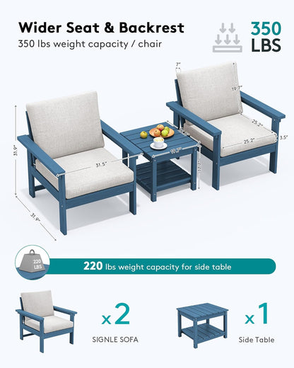 SERWALL HDPE Patio Sofa Set, 3-Piece Sectional Outdoor Furniture Set, All Weather Outdoor Couch Set Patio Furniture Set for Deck, Lawn, Blue Frame with Khaki Cushion