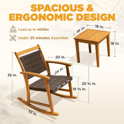 IDZO Solid Wood Wicker Rocking Chairs Set of 2 with End Table