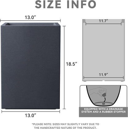 Kante 18.5" H Tall Rectangular Concrete Planters, Outdoor Indoor Lightweight Plant Pots with Drainage Hole and Rubber Plug, Modern Style for Home Garden Patio, Charcoal