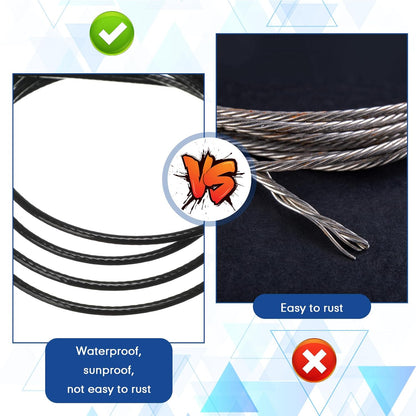 Tandefio 500 ft Vinyl Coated Wire Rope 304 Stainless Steel Black Stainless Wire 1/16 Inch Overmolded to 3/32 Inch with Cutter 7x7 Strands Construction for String Lights Hanging Clothesline Fence