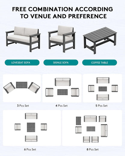 SERWALL 8 Pieces HDPE Outdoor Conversation Sofa Set with Cushions, All Weather Use Couch Loveseat Furniture Set with Pads, Outdoor Social Sofa Coffee Table Set, Grey Frame with Khaki Cushions
