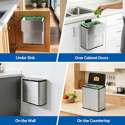 Compost Bin Kitchen, 2.1 Gallon Stainless Steel Trash Can with Lid for Countertop or Under Sink, Hanging Small Trash Bin, Removable Inner Bucket, Built-in Filter, 60 Compostable Garbage Bags
