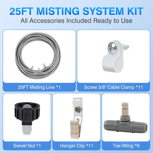 30 Pcs Misting Cooling System, Outdoor Misting System for Patio, 25 FT Misting Line Plastic Adapter, Outdoor Mister System for Patio, Garden, Trampoline, Greenhouse
