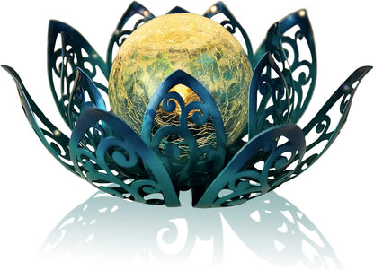 Bshine Solar Outdoor Garden Lotus Decorative Light, Waterproof Metal Cracked Glass Globe LED Lotus Light for Tabletop Decor, Walkway, Lawn Ornaments and Garden, Housewarming Gift (Blue)