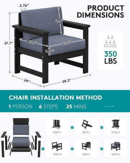 SERWALL 2 Pieces Single Cushioned Lounge Chair, Black HDPE Outdoor Adirondack Sofa Armchair with Grey Cushion