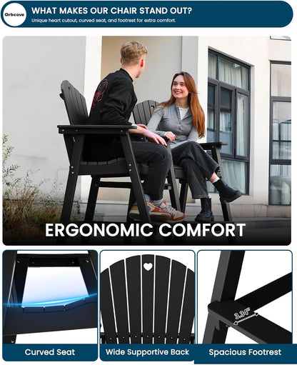 Tall Adirondack Chairs Set of 2-Durable HDPE Outdoor Bar Stools with Double Connecting Tray, Weatherproof Patio Furniture for Poolside, Backyard, Deck & Lawn Relaxation (Black)