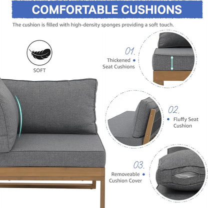Soleil Jardin 4 Piece Acacia Wood Patio Furniture L-Shaped Outdoor Sectional Sofa Set with Coffee Table, FSC Certified Conversation Set with Built-in Side Table and Grey Cushions for Garden