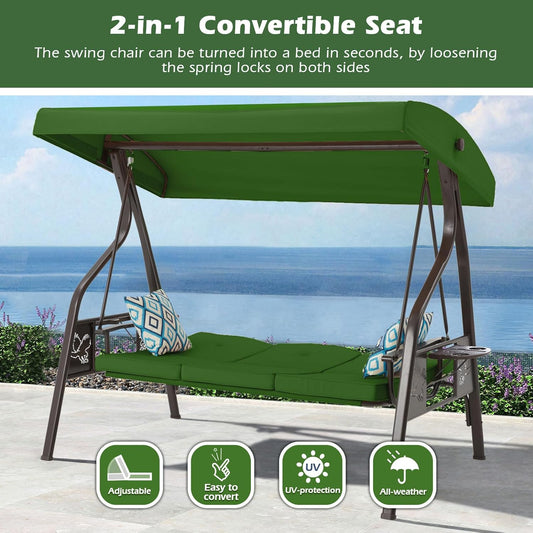 3-Seat Outdoor Porch Swing with Stand Patio Swing with Canopy 2 in 1 Porch Swing Bed & Patio Swing Chair for Adult w/Extra Pillows and Cup Holder for Yard(Green)