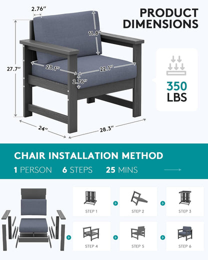 SERWALL 2 Pieces Single Cushioned Sofa Chair, Grey HDPE Outdoor Adirondack Lounge Armchair with Grey Cushion