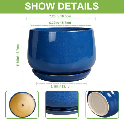 G EPGardening Round Ceramic Plant Pots - 7 Inch Modern Planter with Drainage and Plant Saucer for Indoor Outdoor Flower, Round Office Decor, New Gifts for Home, Blue