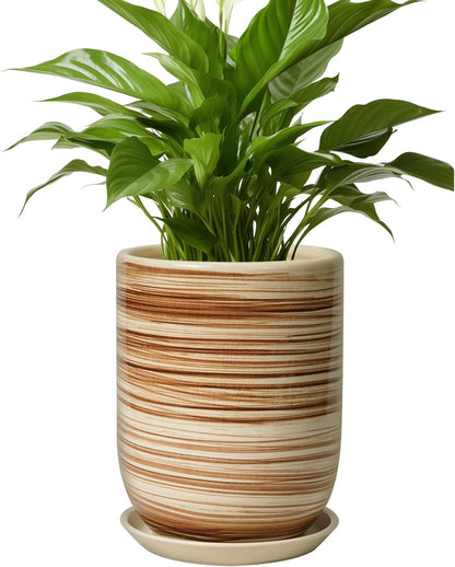 8 Inch Plant Pot, Ceramic Planter for Outdoor Plants, Large Plant Pot Indoor with Drainage Hole and Saucer, Modern Flower Pot for Home Garden Decor Yellow