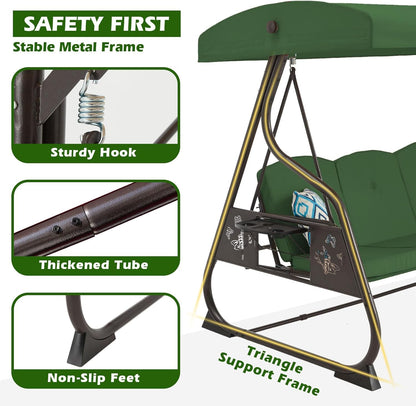 3-Seat Patio Porch Swing 800LBS Outdoor Swing with Stand w/Canopy & Adjustable Backrest Patio Glider Chair w/Removable Pillows & Foldable Side Tray for Balcony Garden Deck (Green)