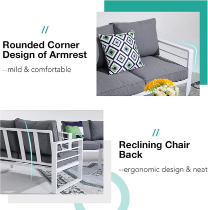 Patiorama Aluminum Patio Furniture Set, Outdoor Patio 3-Seater Sofa, 3 Seats Couch, All Weather White Metal Chair with Olefin Cushion, Deep Seating, 800 lbs Capacity, Deck, Garden-Grey Cushion