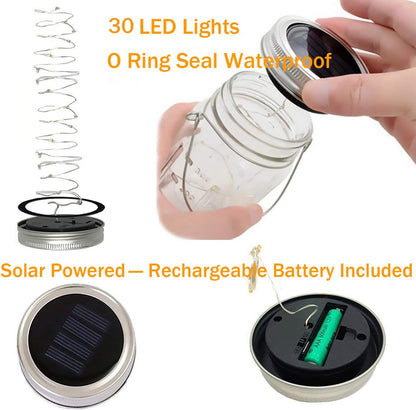 Solar Mason Jar Lights,4 Pack 30 Led Starry Fairy String Hanging Jar Lights,Solar Lanterns for Outdoor Patio Party Garden Wedding Christmas Decorations Lights(Mason Jars/Handles Included)