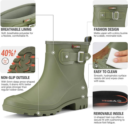 HISEA Women's Ankle Rain Boots Waterproof, Fashion Short Garden Shoes Anti-slip for Women with Comfortable Insole