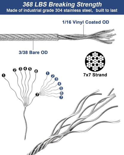 220 FT 1/16" Wire Rope Kit 304 Stainless Steel Cable with M5 Turnbuckles for Cables Wire, Vinyl Coated String Lights Hanging Wires for Outdoor Camping, Trellis, Garden, Clothes line, Curtain, Picture