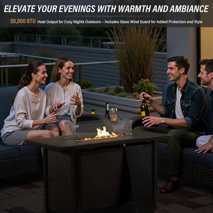 8 Piece Patio Furniture Set with 50000 BTU Propane Fire Pit Table, Outdoor Conversation Set with 2 Swivel Rocker Chairs Wicker Sofa and Ottomans for Casual Gatherings Beige Cushion