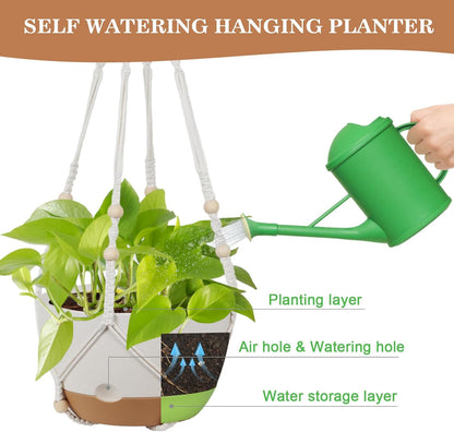 3 Pack Hanging Planters for Indoor Plants, 10 + 10 + 8 Inch Self-Watering Hanging Plant Pot, Macrame Plant Hanger with Pot, Ceiling Hooks, Removable Saucer and Drainage Holes for Garden Home - White