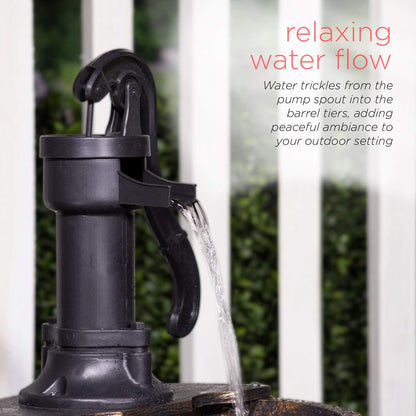 Alpine Corporation - Outdoor Rustic 2-Tiered Barrel and Pump Water Fountain – Bronze Finish, Relaxing Water Flow, Ideal for Garden, Patio, & Yard Décor, 27"H