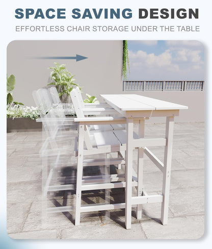 Bar Height Patio Table and Chairs Set, 3-Piece HDPE Outdoor Adirondack Bar Chairs and Patio Table, All-Weather Patio Furniture for Poolside, Backyard, Garden, High Top Patio Bar Set, White