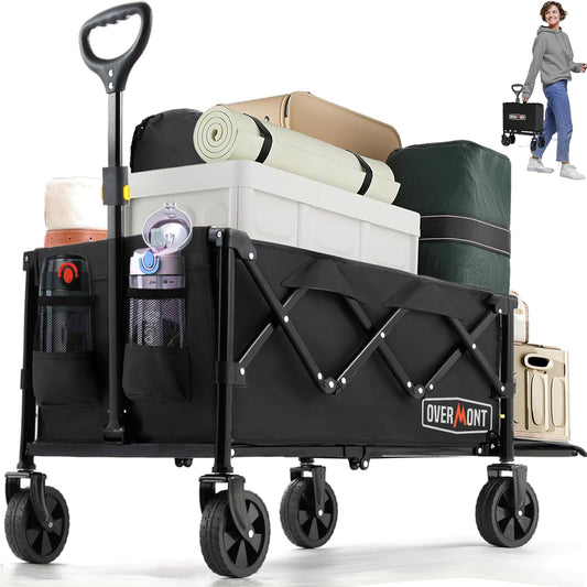 OVERMONT Collapsible Wagon with Tailgate - 220lbs Extended Lightweight Foldable Utility Wagons Folding Cart with Wheels - Small Garden Grocery Cart for Shopping,Grocery,Sports,Garden