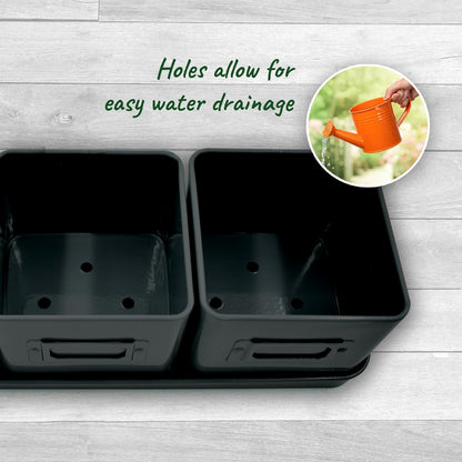 Herb Planter Indoor - Set of 3 Black Indoor Herb Garden Pots for Plants with Leather Handled Tray - Window Sill Plant Shelf - Pots with Drainage Holes and Labels