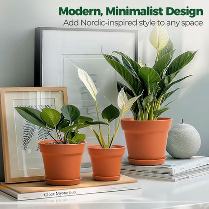 T4U 6 Inch Plant Pot 8-Pack, Plastic Planter with Drainage Hole and Saucer, Decorative Nursery Pots Bulk for African Violet, Snake Plant, Succulent, Herb and Plants Indoor (8 Pcs 6" Pots)