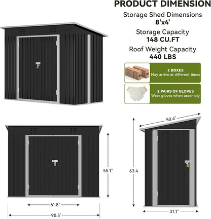 COMHOMA Shed Outdoor Storage Shed Metal,Lockable Doors Tool Sheds with Sloping Roof,Steel Garden Shed with Air Vent for Backyard,Patio,Lawn,Poolside (Grey, 8'*4')