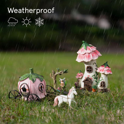 LA Jolie Muse Resin Fairy Garden - Miniature Floral Roof Cottage with Solar LED Lights, Fairy House Figurine Set of 3 with Carriage, Outdoor Decor for Patio Yard Lawn, Gifts for Mom