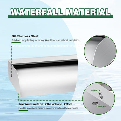 Pool Fountain Waterfall Spillway with Wider Water Flow Platform, Stainless Steel Waterfall with Pipe Connector Kits, Water Feature Spillway for Garden Decor, Patio, Ponds, 23."x11.8"x3.9"