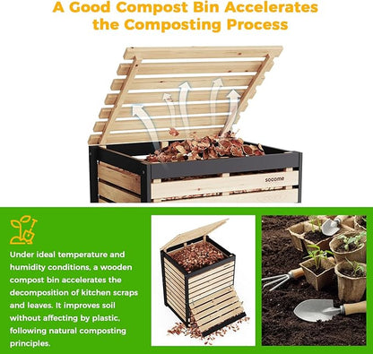 130 Gallon Solid Wood Composter, Outdoor Compost Bin with Pull-Out Door, Heavy Duty Composting Bin for Backyard, Garden, Patio, Natural