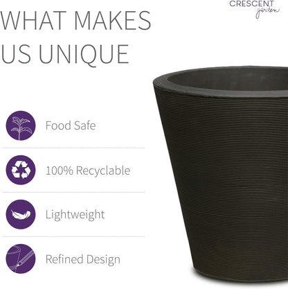 Crescent Garden Madison Planter– Weather-Resistant, Double Walled Indoor/Outdoor Plant Pot with Drain Hole – Durable All-Season Flower Container, 16" W (Caviar Black)