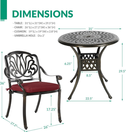 VIVIJASON 3-Piece Patio Bistro Set, All-Weather Cast Aluminum Outdoor Furniture Dining Set, Include 2 Cushioned Chairs and 31" Round Table w/Umbrella Hole for Balcony, Lawn, Backyard, Red Cushion