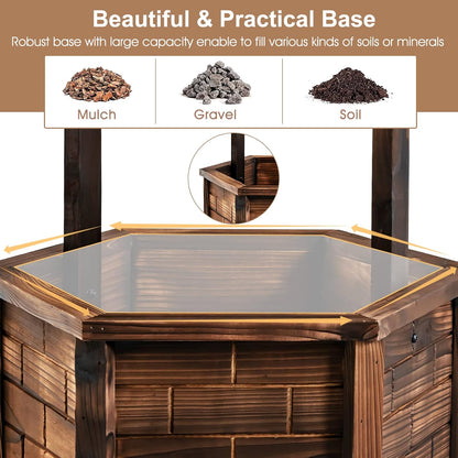 Giantex Rustic Wooden Wishing Well Planter with Hanging Bucket, Roof Shadow, Reinforced Rod, Wishing Wells for Outdoors Backyard Patio Garden Outside Decor