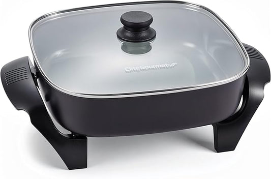 Elite Gourmet 12" x 12" x 3" Ceralast™ PFAS Free Ceramic Electric Skillet, Dishwasher Safe, Xtra Deep Dish, Rapid Heat 1200W, Black