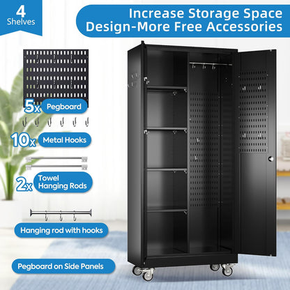 Garage Storage Cabinet with Wheels, Metal Tool Cabinet with Pegboards and 4 Adjustable Shelves, Garage Storage System with Lockable Door for Shools, Offices, Gyms and Pantries, Black