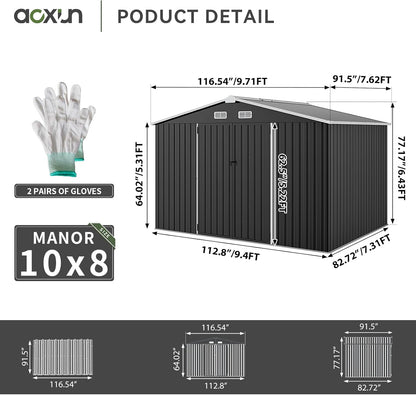 Aoxun 9.4x7.3x6.5 FT Outdoor Storage Shed, Garbage Can, Outdoor Metal Shed for Tool, Garden, Bike, Placed in Patio, Garden (Black)