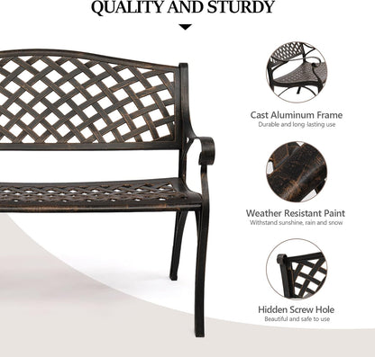 VINGLI 40.5" Patio Garden Bench,Anti- Rust Cast Iron Cast Aluminum Frame for Outdoor Path Yard Lawn Work Entryway Decor Deck (Brown)