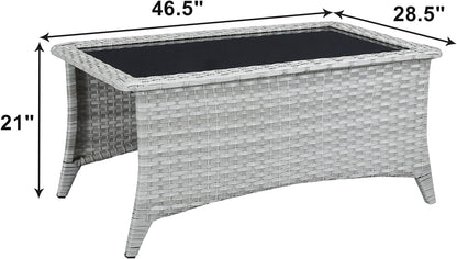 Patio Tables Wicker Coffee Table - Outdoor Rattan Coffee Tables with Glass Top for Patio Proch Deck Balcony Rectangle Light Grey