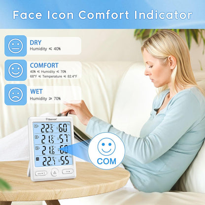 Geevon Indoor Outdoor Thermometer Wireless, 5-Inch Display Digital Hygrometer Thermometer Temperature Humidity Monitor with 3 Remote Sensors and Backlight, Battery-Powered(White)