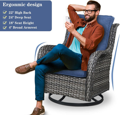 Wicker Outdoor Furniture Patio Furniture Set - 6 Piece Patio Conversation Set with Swivel Rocker Chairs, Rattan Sofa, Ottomans and Coffee Table, Blue Cushion
